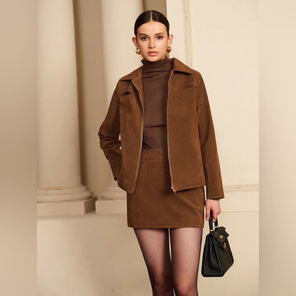 COMMENSE Suede Jacket with Shoulder Pads Brown Size XS NWT